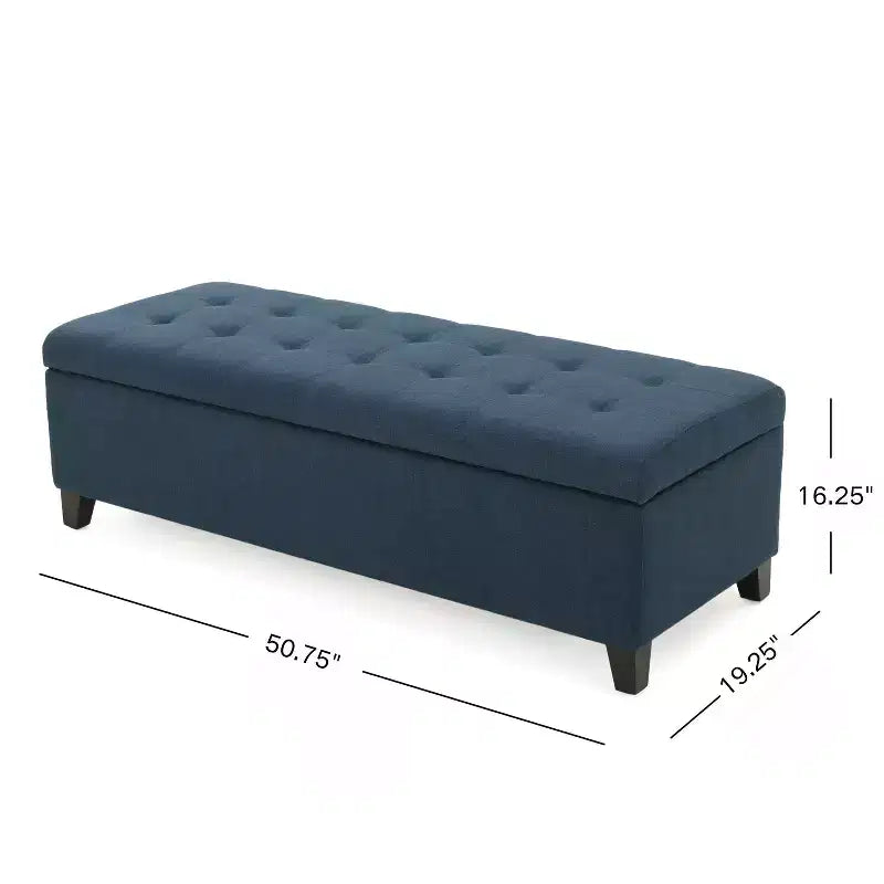 Panca Pouf Contenitore Trapuntata Blu Navy, 1 Posto, Gambe in Legno