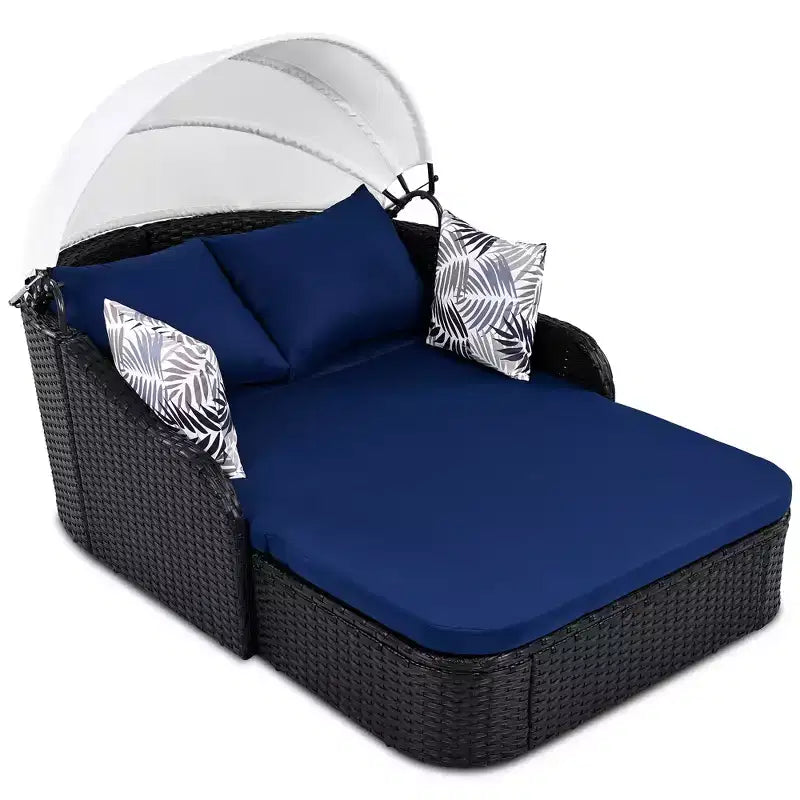 Lettino da Sole per Esterni in Rattan Sintetico Doppio Beige/Blu con Baldacchino Regolabile – 2 Posti