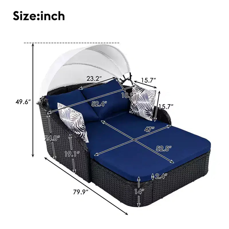 Lettino da Sole per Esterni in Rattan Sintetico Doppio Beige/Blu con Baldacchino Regolabile – 2 Posti