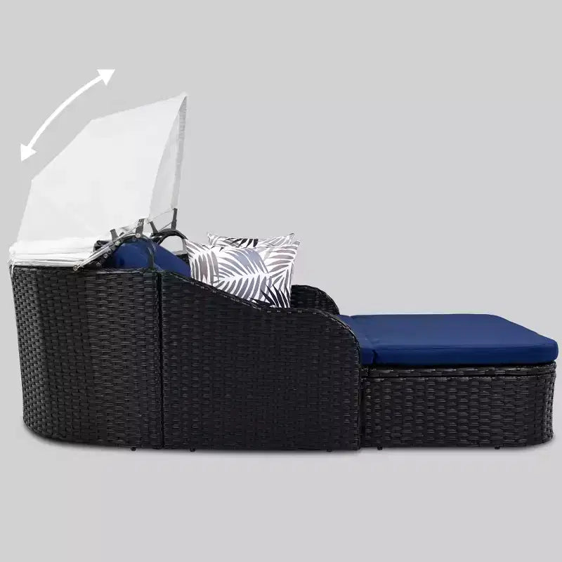 Lettino da Sole per Esterni in Rattan Sintetico Doppio Beige/Blu con Baldacchino Regolabile – 2 Posti
