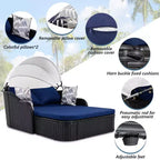 Lettino da Sole per Esterni in Rattan Sintetico Doppio Beige/Blu con Baldacchino Regolabile – 2 Posti
