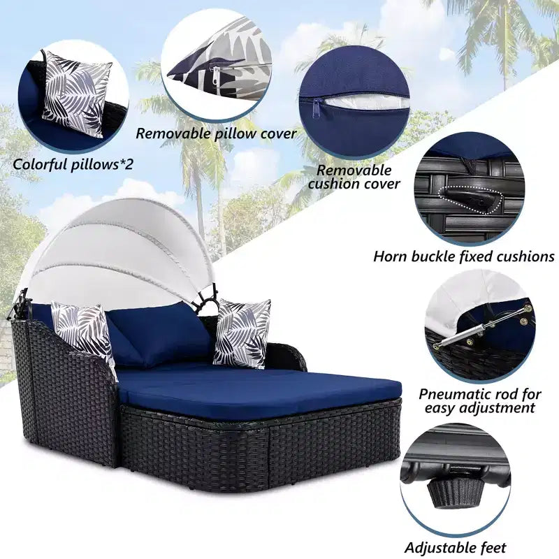 Lettino da Sole per Esterni in Rattan Sintetico Doppio Beige/Blu con Baldacchino Regolabile – 2 Posti