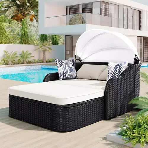 Lettino da Sole per Esterni in Rattan Sintetico Doppio Beige/Blu con Baldacchino Regolabile – 2 Posti