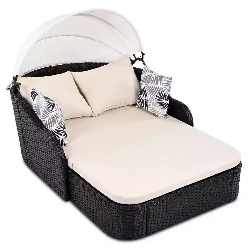 Lettino da Sole per Esterni in Rattan Sintetico Doppio Beige/Blu con Baldacchino Regolabile – 2 Posti