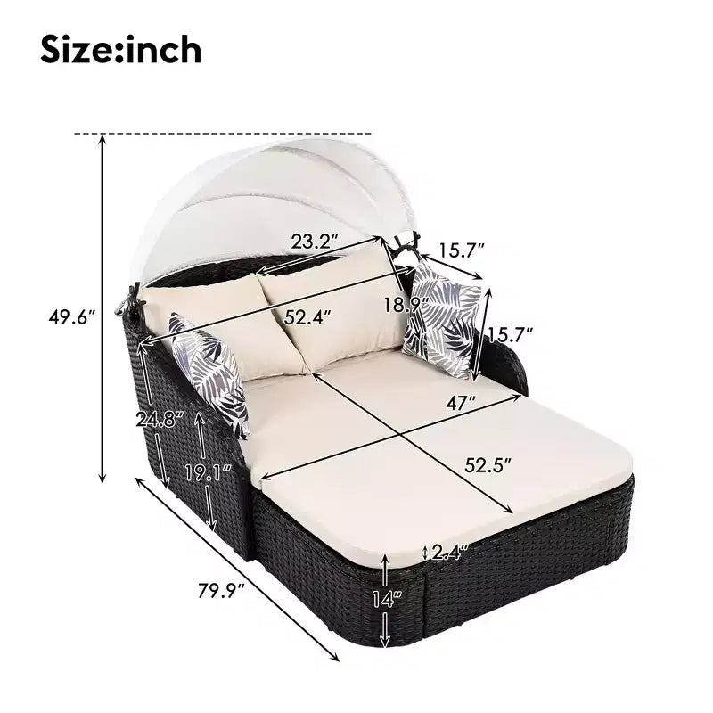 Lettino da Sole per Esterni in Rattan Sintetico Doppio Beige/Blu con Baldacchino Regolabile – 2 Posti