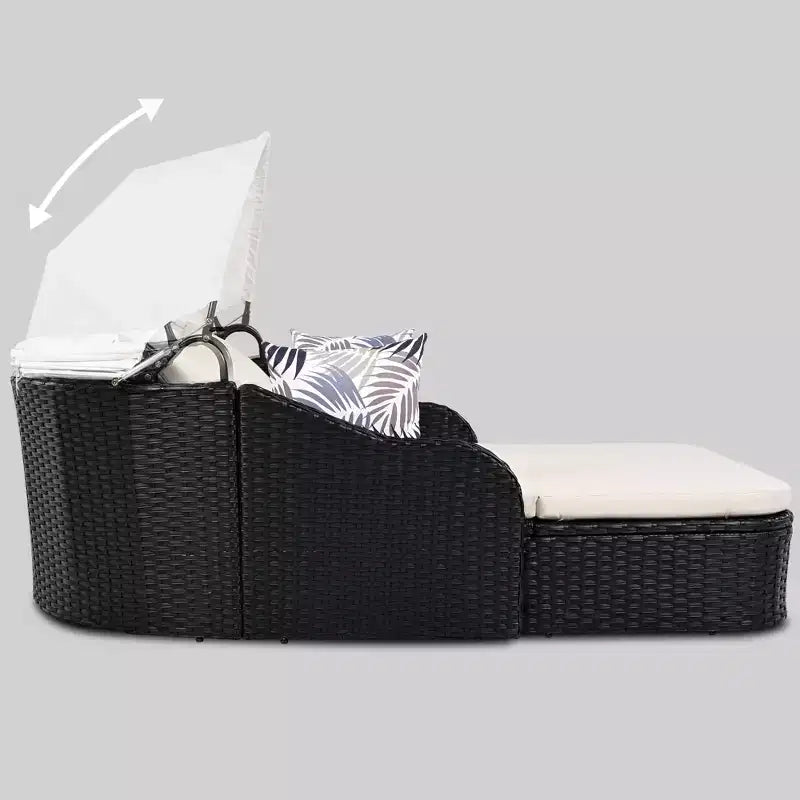 Lettino da Sole per Esterni in Rattan Sintetico Doppio Beige/Blu con Baldacchino Regolabile – 2 Posti