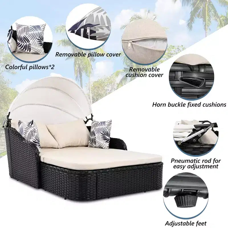 Lettino da Sole per Esterni in Rattan Sintetico Doppio Beige/Blu con Baldacchino Regolabile – 2 Posti