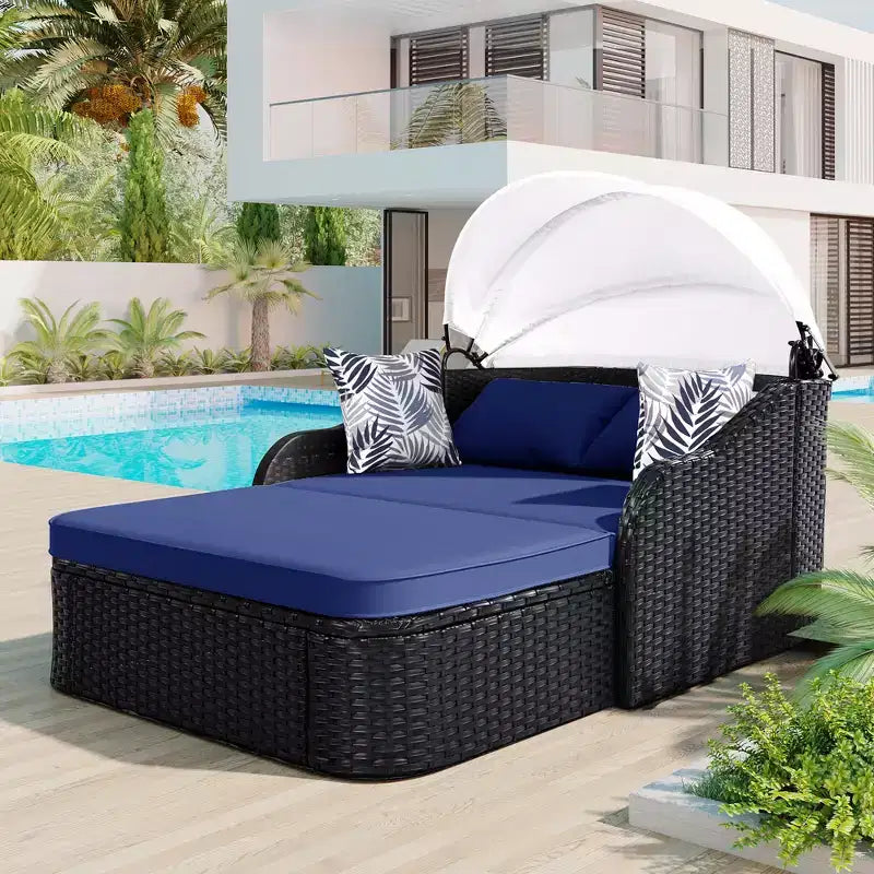 Lettino da Sole per Esterni in Rattan Sintetico Doppio Beige/Blu con Baldacchino Regolabile – 2 Posti