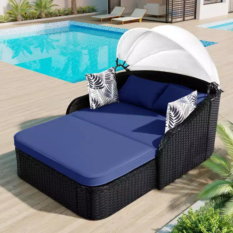 Lettino da Sole per Esterni in Rattan Sintetico Doppio Beige/Blu con Baldacchino Regolabile – 2 Posti