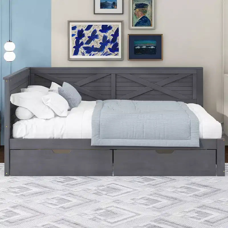 Divano letto singolo grigio con 2 cassetti e sponda rustica, 1 posto