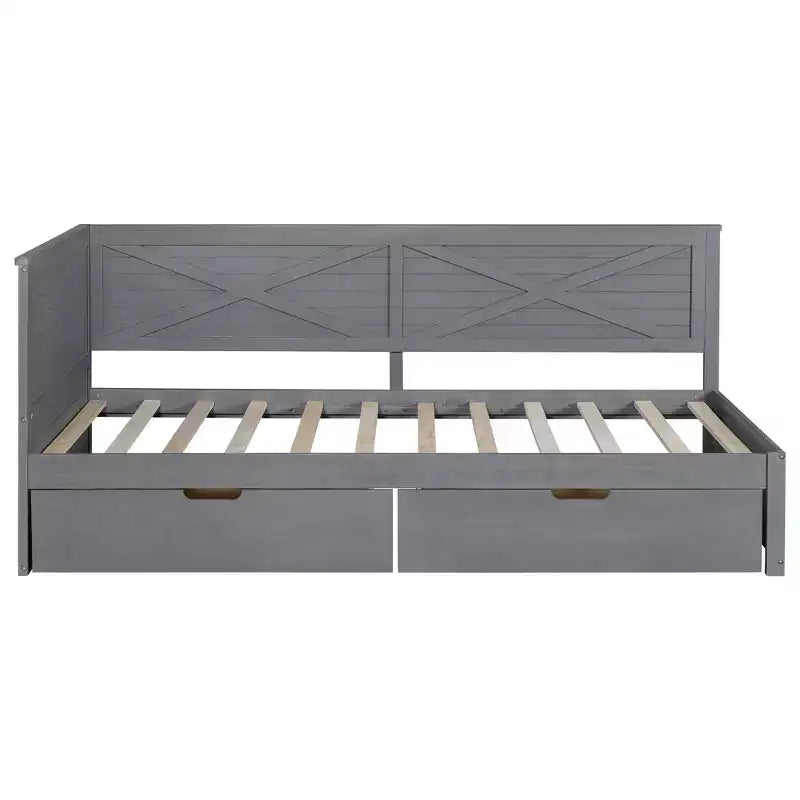 Divano letto singolo grigio con 2 cassetti e sponda rustica, 1 posto