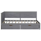 Divano letto singolo grigio con 2 cassetti e sponda rustica, 1 posto