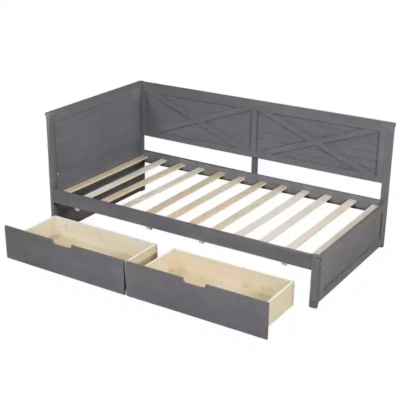 Divano letto singolo grigio con 2 cassetti e sponda rustica, 1 posto
