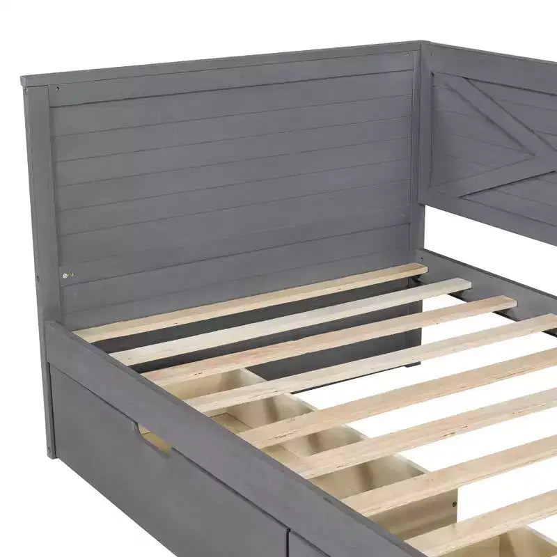 Divano letto singolo grigio con 2 cassetti e sponda rustica, 1 posto
