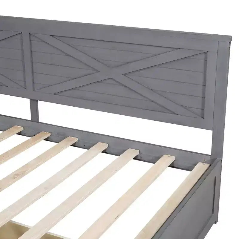 Divano letto singolo grigio con 2 cassetti e sponda rustica, 1 posto