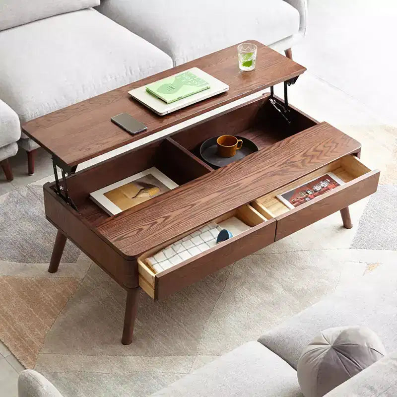 Tavolino da caffè sollevabile con contenitore nascosto e 2 cassetti, Rovere marrone