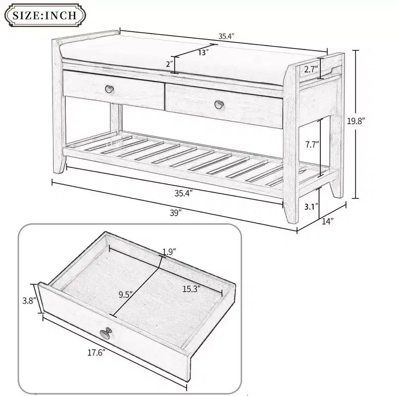 Panca portascarpe in legno massello espresso con cuscino – 2 cassetti, ripiano a griglia, 1 persona