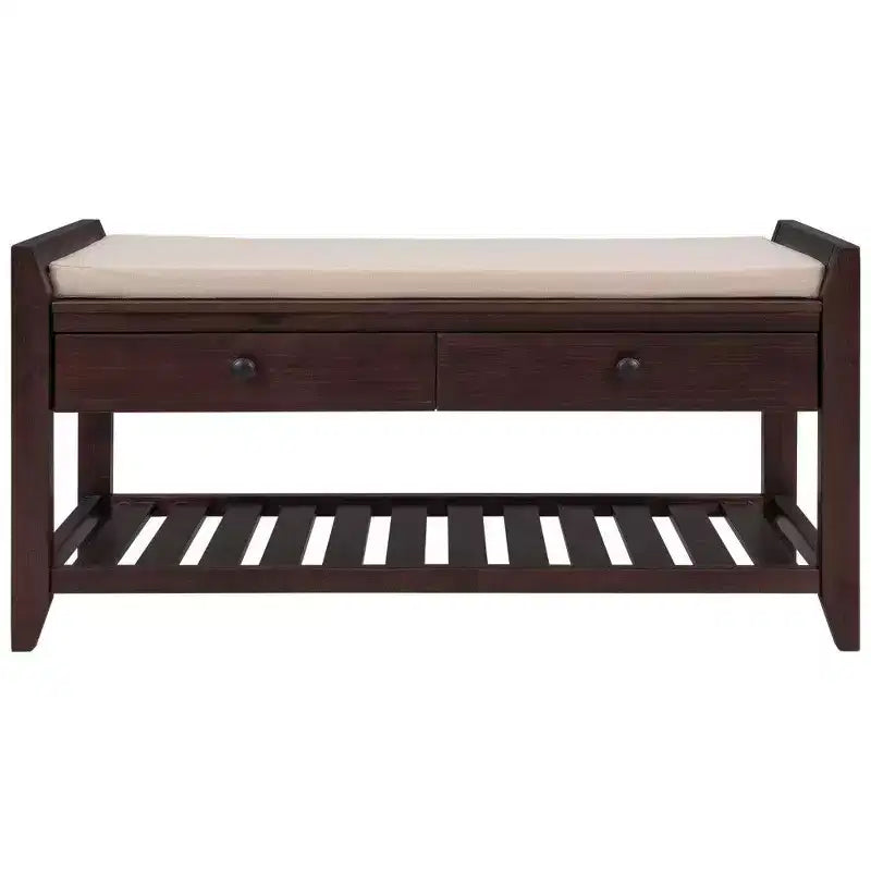 Panca portascarpe in legno massello espresso con cuscino – 2 cassetti, ripiano a griglia, 1 persona