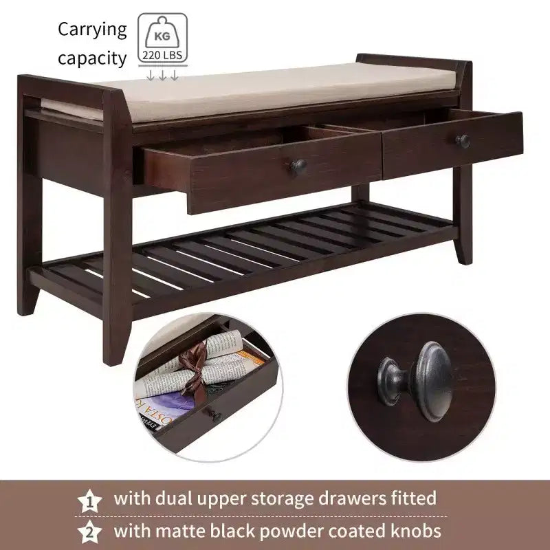 Panca portascarpe in legno massello espresso con cuscino – 2 cassetti, ripiano a griglia, 1 persona