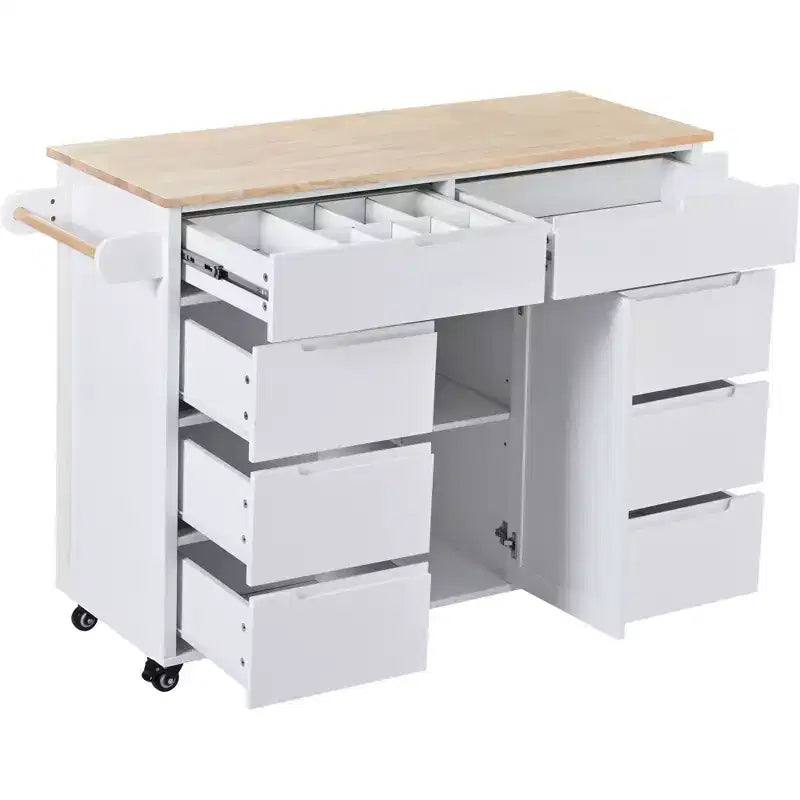 Carrello isola da cucina bianco su rotelle con 8 cassetti, 5 ruote – 1 persona