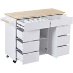 Carrello isola da cucina bianco su rotelle con 8 cassetti, 5 ruote – 1 persona