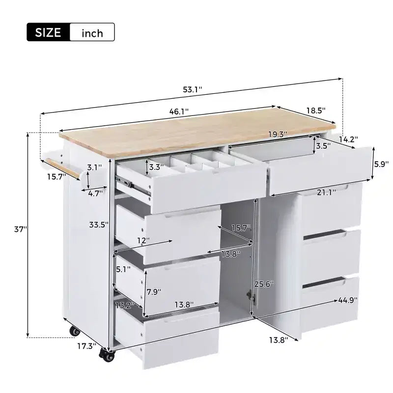 Carrello isola da cucina bianco su rotelle con 8 cassetti, 5 ruote – 1 persona