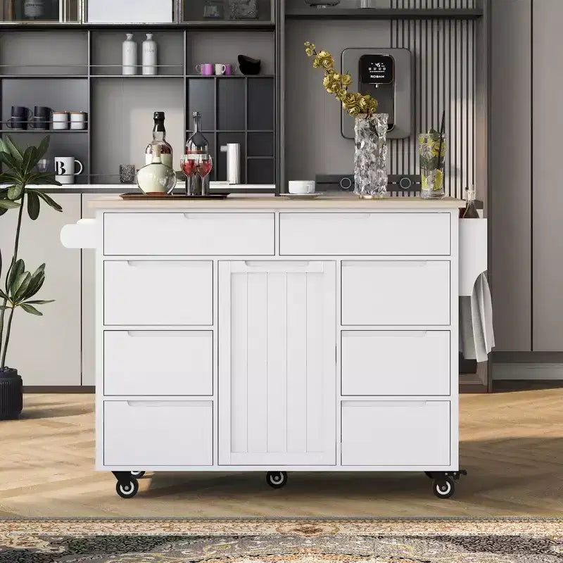 Carrello isola da cucina bianco su rotelle con 8 cassetti, 5 ruote – 1 persona