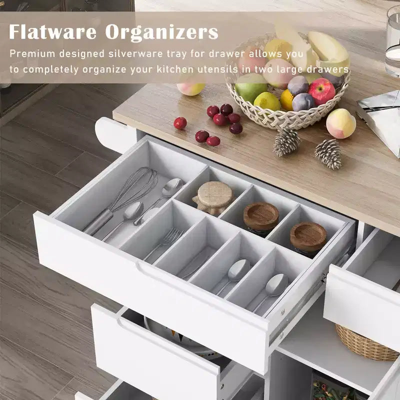 Carrello isola da cucina bianco su rotelle con 8 cassetti, 5 ruote – 1 persona