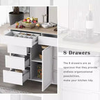 Carrello isola da cucina bianco su rotelle con 8 cassetti, 5 ruote – 1 persona