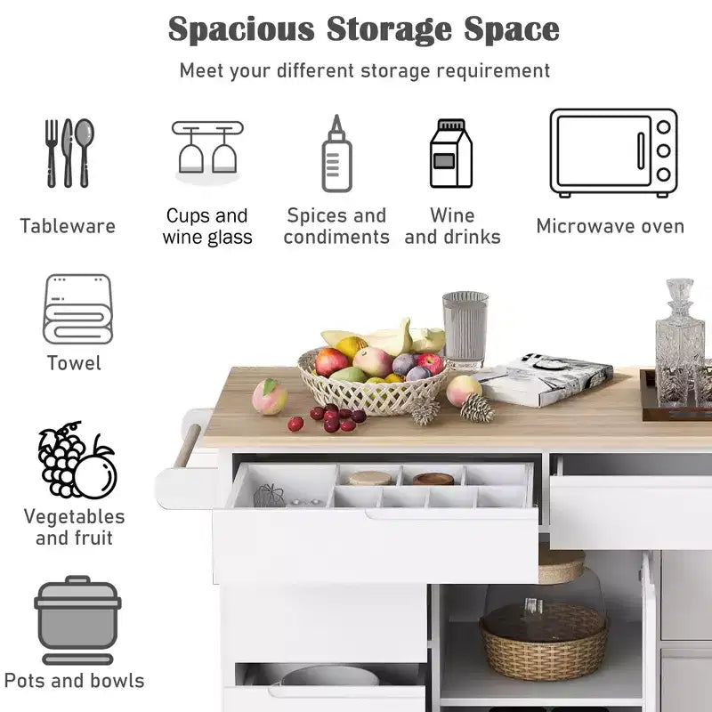 Carrello isola da cucina bianco su rotelle con 8 cassetti, 5 ruote – 1 persona