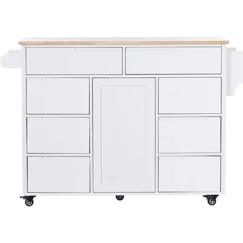 Carrello isola da cucina bianco su rotelle con 8 cassetti, 5 ruote – 1 persona