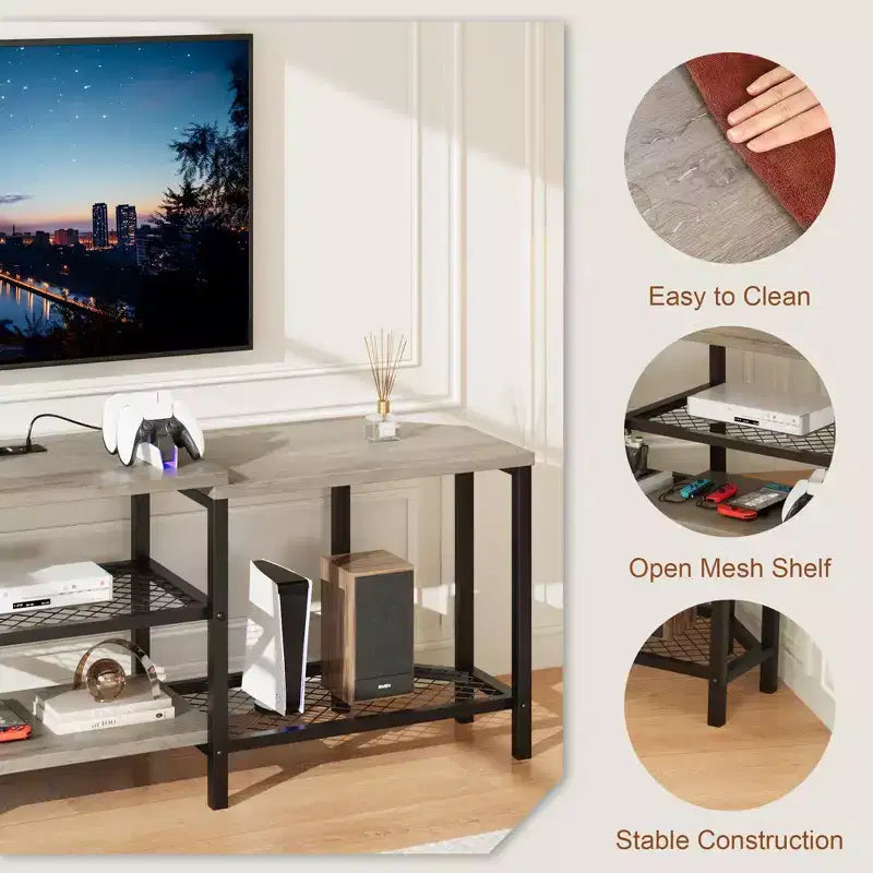 Mobile TV LED Marrone/Grigio con Prese di Corrente, Ripiani Aperti, Adatto fino a 75"