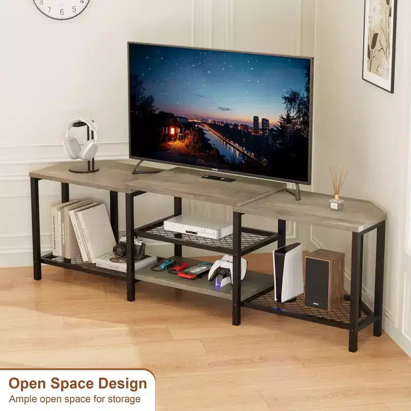 Mobile TV LED Marrone/Grigio con Prese di Corrente, Ripiani Aperti, Adatto fino a 75"