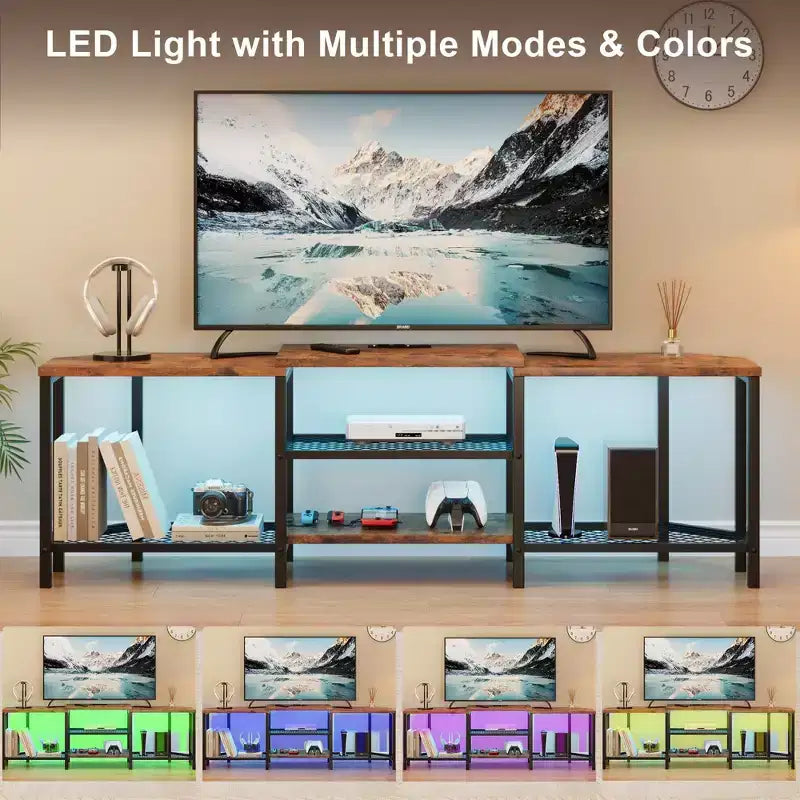 Mobile TV LED Marrone/Grigio con Prese di Corrente, Ripiani Aperti, Adatto fino a 75"