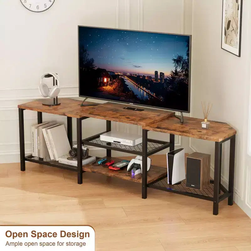 Mobile TV LED Marrone/Grigio con Prese di Corrente, Ripiani Aperti, Adatto fino a 75"