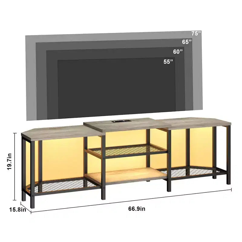 Mobile TV LED Marrone/Grigio con Prese di Corrente, Ripiani Aperti, Adatto fino a 75"
