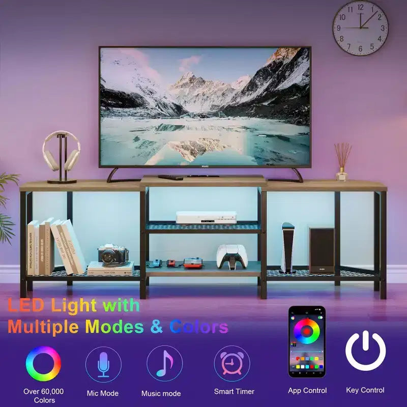 Mobile TV LED Marrone/Grigio con Prese di Corrente, Ripiani Aperti, Adatto fino a 75"