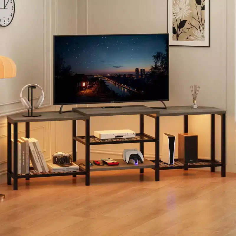 Mobile TV LED Marrone/Grigio con Prese di Corrente, Ripiani Aperti, Adatto fino a 75"