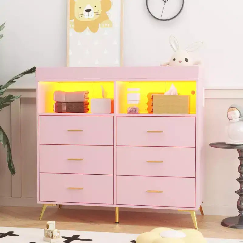Comò a 6 cassetti con fasciatoio e ripiani aperti (nero / rosa / bianco), montaggio per 1 persona
