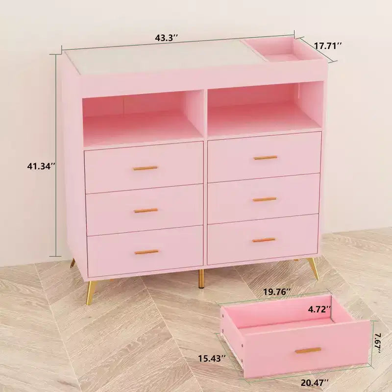 Comò a 6 cassetti con fasciatoio e ripiani aperti (nero / rosa / bianco), montaggio per 1 persona