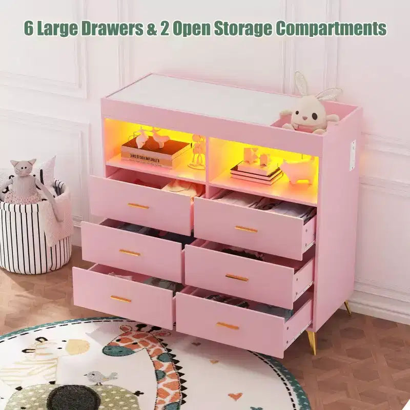 Comò a 6 cassetti con fasciatoio e ripiani aperti (nero / rosa / bianco), montaggio per 1 persona