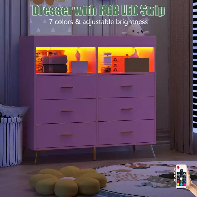 Comò a 6 cassetti con fasciatoio e ripiani aperti (nero / rosa / bianco), montaggio per 1 persona