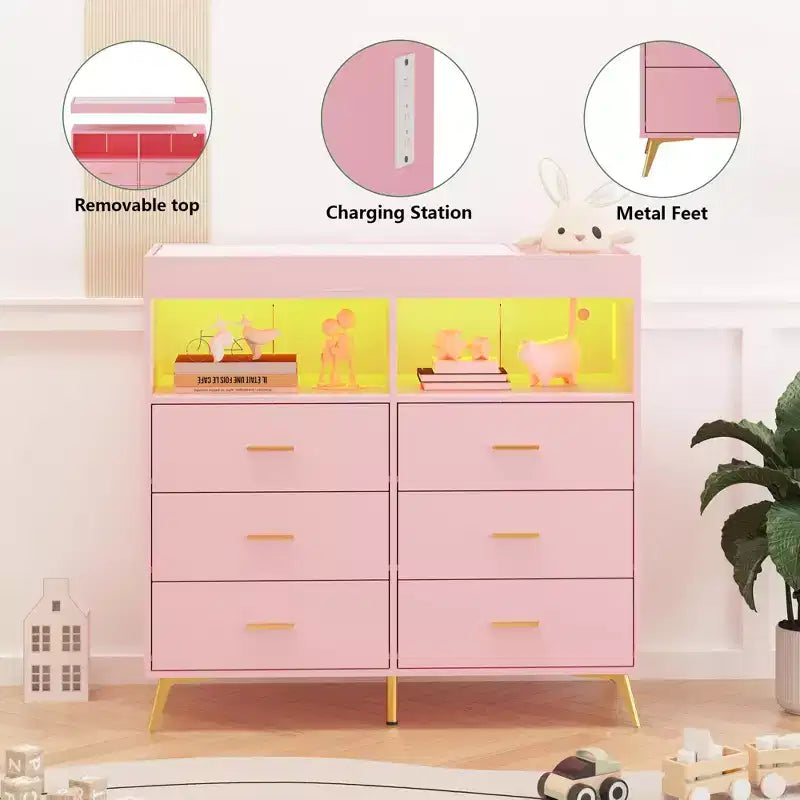 Comò a 6 cassetti con fasciatoio e ripiani aperti (nero / rosa / bianco), montaggio per 1 persona