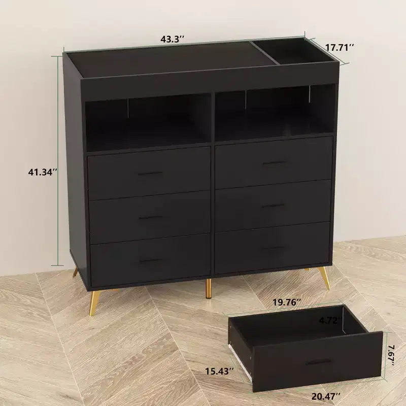 Comò a 6 cassetti con fasciatoio e ripiani aperti (nero / rosa / bianco), montaggio per 1 persona