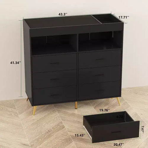 Comò a 6 cassetti con fasciatoio e ripiani aperti (nero / rosa / bianco), montaggio per 1 persona