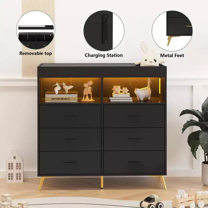 Comò a 6 cassetti con fasciatoio e ripiani aperti (nero / rosa / bianco), montaggio per 1 persona