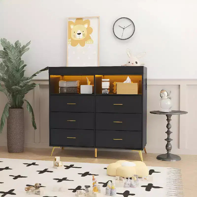 Comò a 6 cassetti con fasciatoio e ripiani aperti (nero / rosa / bianco), montaggio per 1 persona