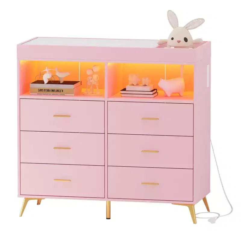 Comò a 6 cassetti con fasciatoio e ripiani aperti (nero / rosa / bianco), montaggio per 1 persona
