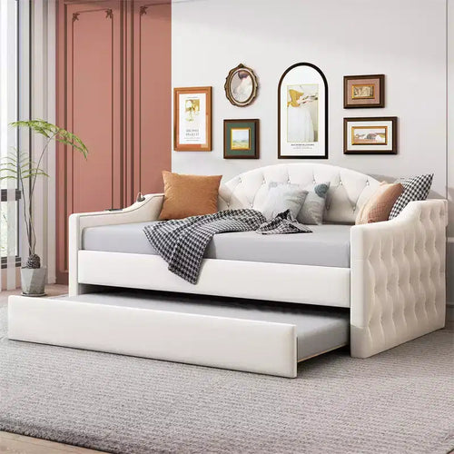 Divano letto capitonné in velluto beige/rosa con letto estraibile, singolo, per 2 persone