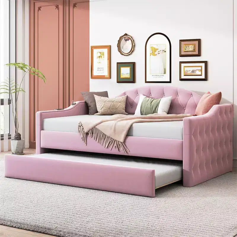 Divano letto capitonné in velluto beige/rosa con letto estraibile, singolo, per 2 persone